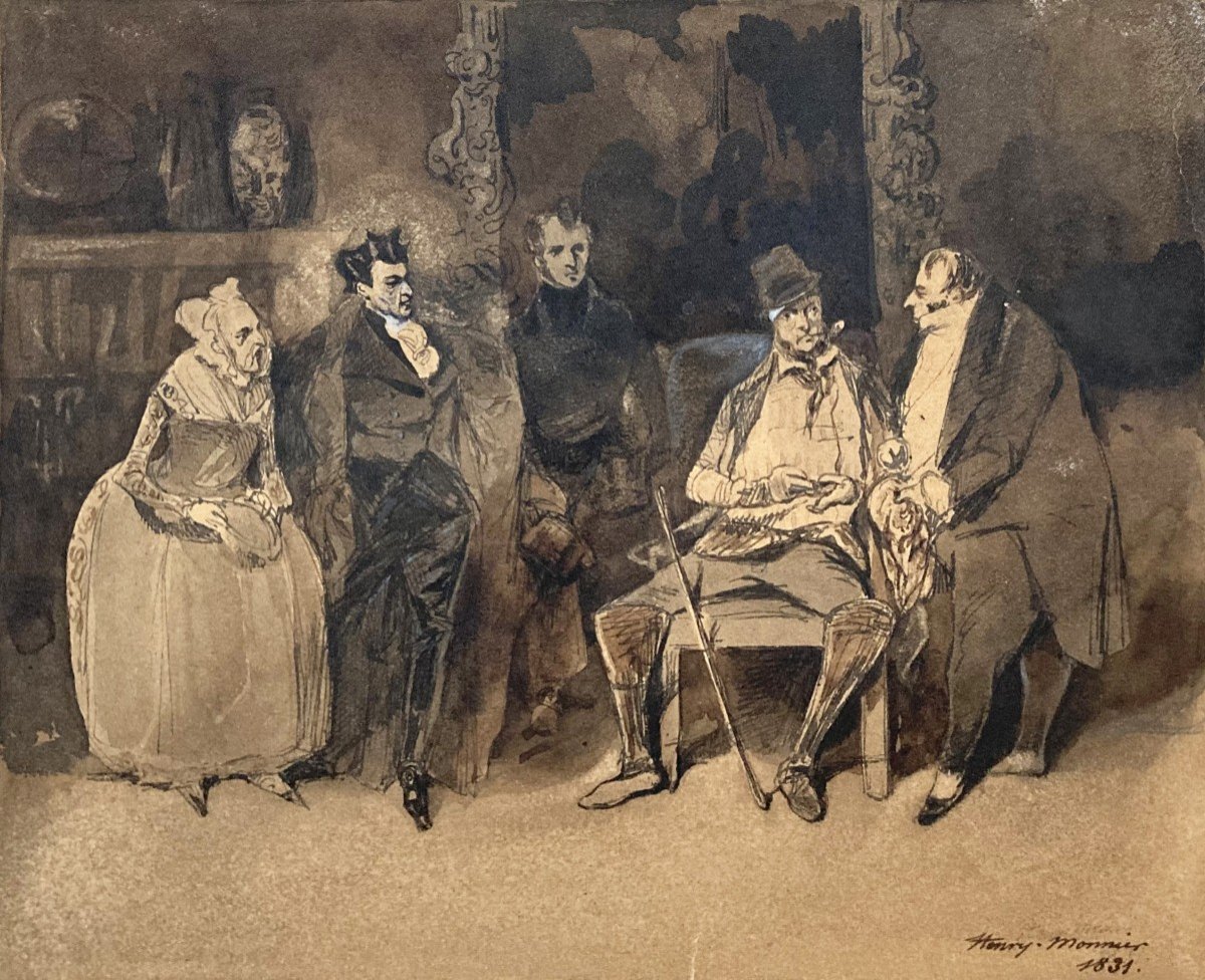 Monnier Henry (1799-1877) "the Family" Drawing In Pen And Ink Wash, Signed And Dated