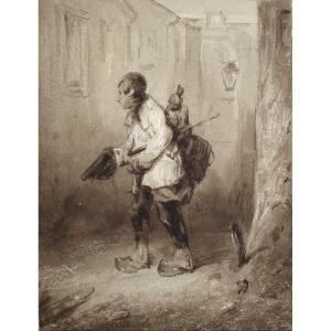 Decamps Alexandre (1803-1860) "little Boy" Drawing In Brown Wash, Signed With The Monogram