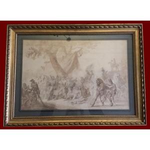 Vernet Carle (1758-1836) "battle Scene" Brown Wash Drawing, 19th Century Frame