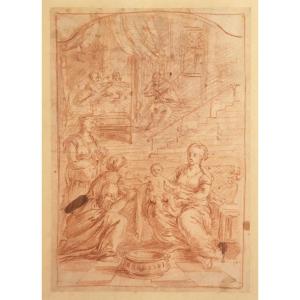 Parrocel Jean-françois (1704-1781) Attributed To, "religious Scene" Drawing With Red Chalk