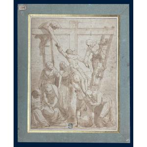 Italian School 16th Century "the Descent From The Cross" Drawing/pen & Brown Wash, Provenance/stamp