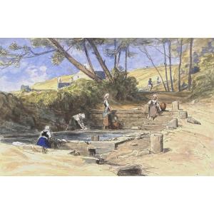 Anastasi Auguste (1820-1889) "washerwomen In Douarnenez" Drawing/pen, Watercolour, Signed/stamp