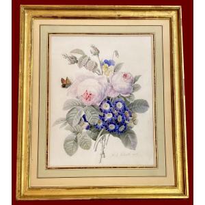 Redoute Pierre-joseph (1759-1840) "flowers And Butterfly" Watercolour/vellum, Signed, Dated, 19th Frame