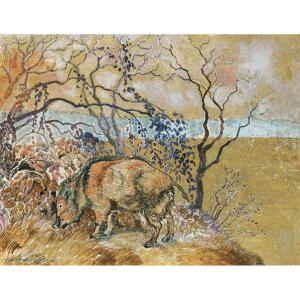 Manzana-pissarro Georges (1871-1961) Son Of Camille Pissarro"boar"drawing/gouache & Gold,signed