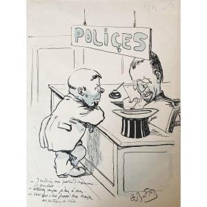 BOFA Gus (1883-1968) "Caricature Police d'assurance" Dessin/Plume, encre, réhauts de bleu,signé