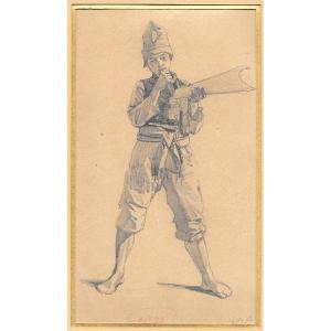 MEISSONIER Ernest (1815-1891) "Un jeune garçon" Dessin/crayon noir, Cadre d'origine époque 19e