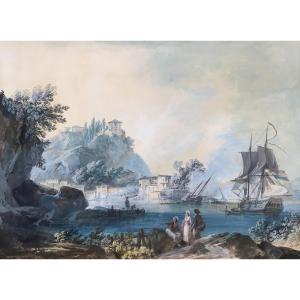 NOËL Alexandre Jean (1752-1834) "Paysage marin" Gouache, Cadre du début 19e siècle