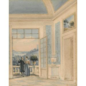 NICOLLE Victor-Jean (1754-1826)"Personnages/Palais regardant un paysage" Aquarelle, Signé,Cadre