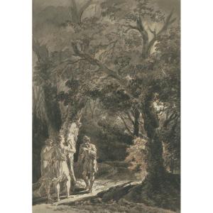 Constantin d'Aix Jean Antoine (1756-1844) "characters In A Landscape" Drawing/pen, Gray Wash