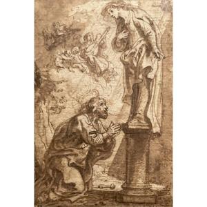 DIEPENBECK Abraham Van (1596-1675) "Apparition de la Vierge à un Saint" Dessin/Plume,lavis brun