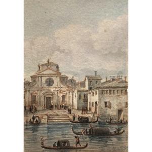 NICOLLE Victor-Jean (1754-1826) "Vue de l'église de St Antonio Di Castello, Venise" Aquarelle