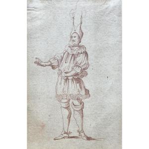 French School Early 18th Century "character Of The Comedy" Drawing In Red Chalk