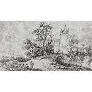 DESFRISCHES Aignan-Thomas (1715-1800)"Paysage animé et cavalier"Dessin/Pierre noire, signé,daté