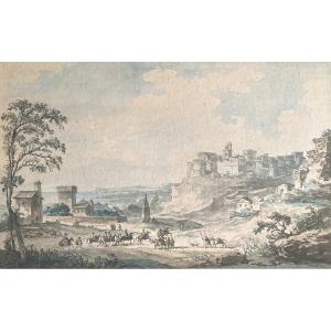 DESPREZ Louis-Jean (1743-1804) "Strongoli près des ruines de Petilia,Sicile" Dessin/Plume,lavis