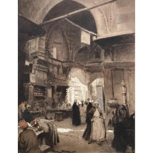 SCOTT Georges (1873-1943)"Le bazar du Caire" Dessin/Crayon noir, aquarelle, gouache,Signé,Cadre