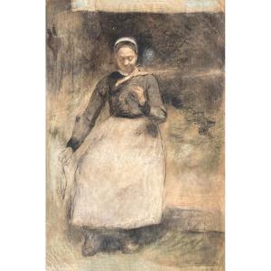 MILCENDEAU Charles (1872-1919) "Femme à l'ouvrage" Dessin/Crayon noir, pastel, signé et daté