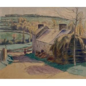 Guilloux Charles (1866-1946) "landscape Of Brittany" Drawing In Black Pencil And Watercolor, Signed