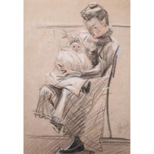 Cheret Jules (1836-1932) "woman And Child" Drawing / Black Pencil, Red & White Chalk, Signed