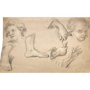 PARROCEL Pierre (1670-1739) "Etude de pieds, mains et visages" Dessin à la pierre noire