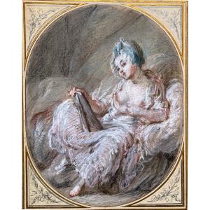ECOLE FRANCAISE 18E SIECLE "Femme au miroir" & "Femme endormie" Paire de dessins/Pastel, Cadres