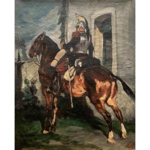 Lançon Auguste (1836-1885) "cuirassier In Front Of A House" Oil On Canvas, Monogrammed, 19th Frame