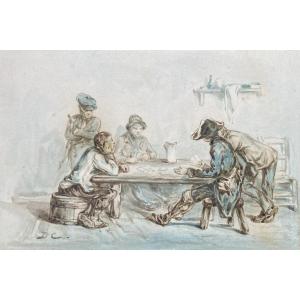 DECAMPS Alexandre-Gabriel (1803-1860) "La partie de cartes" Aquarelle, monogrammé