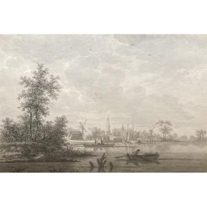 WICART Nicolas (1748-1815) Ecole du Nord "Paysage fluvial" Dessin/Pierre noire et lavis, signé