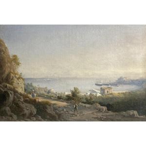 Italian School 19th Century "landscape With Vesuvius" Oil On Canvas