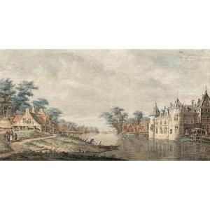 VERRIJK Dirk (1734-1786) Ecole du Nord "Paysage à la rivière" Dessin/Plume, aquarelle, Signé