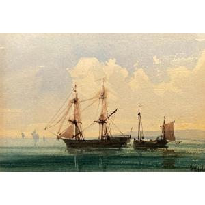 WYLD William (1806-1889) Ecole Anglaise "Bateaux" Aquarelle, signé