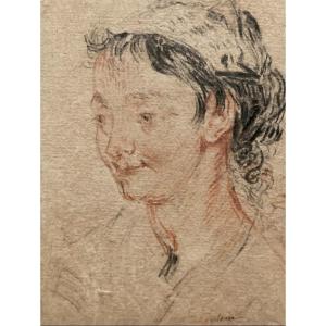 CHANTEREAU Jérôme-François (1710-1757) "Tête de femme" Dessin/Pierre noire et crayon sanguine