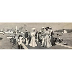 English School 1906 "the Royal Yacht Squadron, Cowes Castle, Isle Of Wight N°1" Gouache, Signed