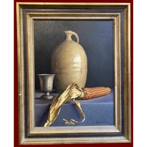 Chancrin René (1911-1981) "still Life With Corn" Oil On Canvas, Signed And Dated, Modern Frame