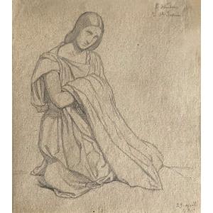 Flandrin Paul (1811-1902) "holy Woman Kneeling" Drawing/black Pencil, Signed, St Séverin Church