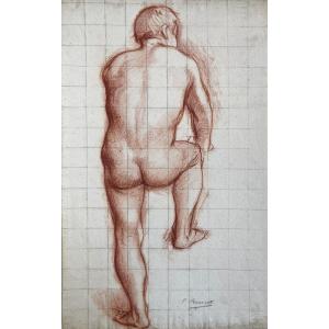 BOURGET Camille (1861-1924) "Académie d'homme" Dessin au crayon sanguine, signé