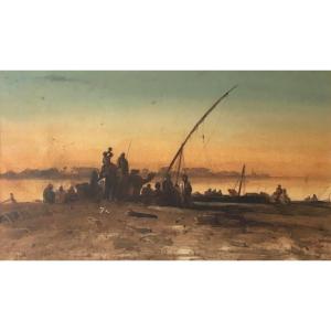 CRAPELET Louis-Amable (1822-1867) "Paysage d'Egypte" Aquarelle, signé,daté,annoté, Baguette 19e