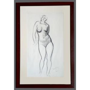 Derain André (1880-1954) "standing Naked Woman" Drawing In Black Pencil, Signed, Wooden Frame