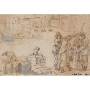 DELLA BELLA Stefano (1620-1664) "Les marchands au port" Dessin/Plume, lavis d'encre, Provenance