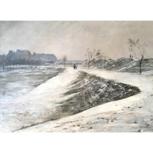 BILLOTTE René (1846-1914)"Paysage de neige aux alentours de Paris" Huile/toile, Signé,Cadre 19e
