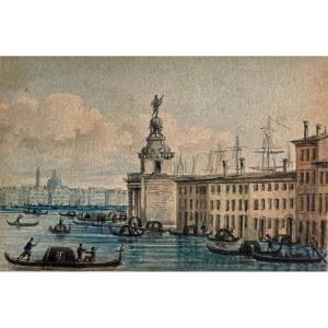 NICOLLE Victor-Jean (1754-1826)"Vue de la Douane à Venise" Aquarelle, située au verso,Cadre 19e