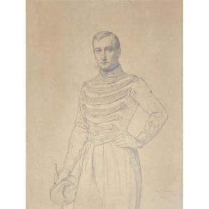 Flandrin Hippolyte (1809-1864) "cavalry Officer" Drawing/black Pencil, Signed, Dated, 19th Century Frame