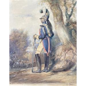 LAMI Eugène (1800-1890) "Gendarme d'élite de la garde royale sous Restauration" Aquarelle,signé