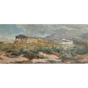 French School 19th Century "temples Of Paestum" Watercolor