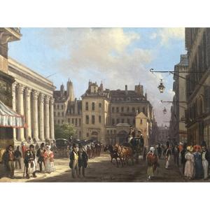 Canella Giuseppe (1788-1847) "place De La Bourse à Paris" Huile/cuivre, Signé, Son Cadre 1830