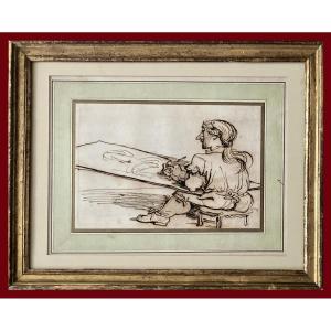 Vincent François-andré (1746-1816) "the Artist Drawing" Pen Drawing, Late 18th Century Frame