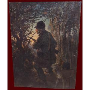 Gabé Edward (1814-1865) "Un chasseur et ses chiens" Huile sur toile, Monogrammé