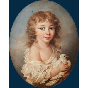 TISCHBEIN Johann Friedrich August (1750-1812) Attribué à, "Enfant avec sa colombe" Huile/ivoire
