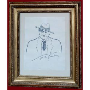 Guitry Sacha (1885-1957) "self-portrait" Drawing In Black Pencil, Signed, 19th Century Frame