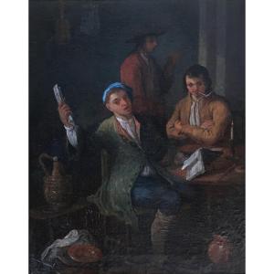 VAN DER CABEL Adriaen (1631-1705) "Personnages dans une taverne" Huile sur toile, Cadre du 19e