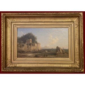 GIRARDET Karl (1813-1871) "Paysage italien avec le Vésuve" Huile sur toile, Signé, Cadre du 19e